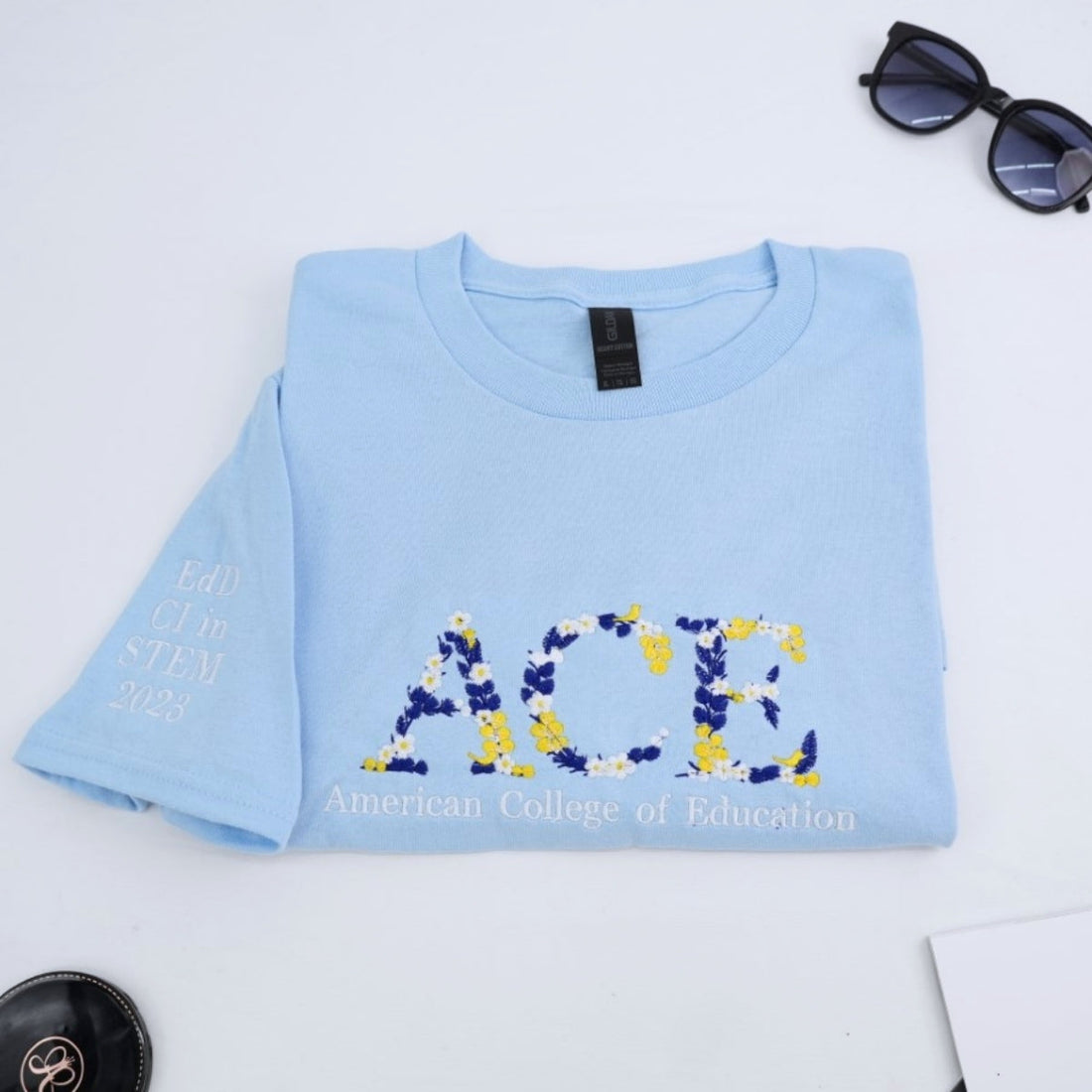 Floral Letter Custom Embroidered T-Shirt - University College Colors - School Spirit Gift