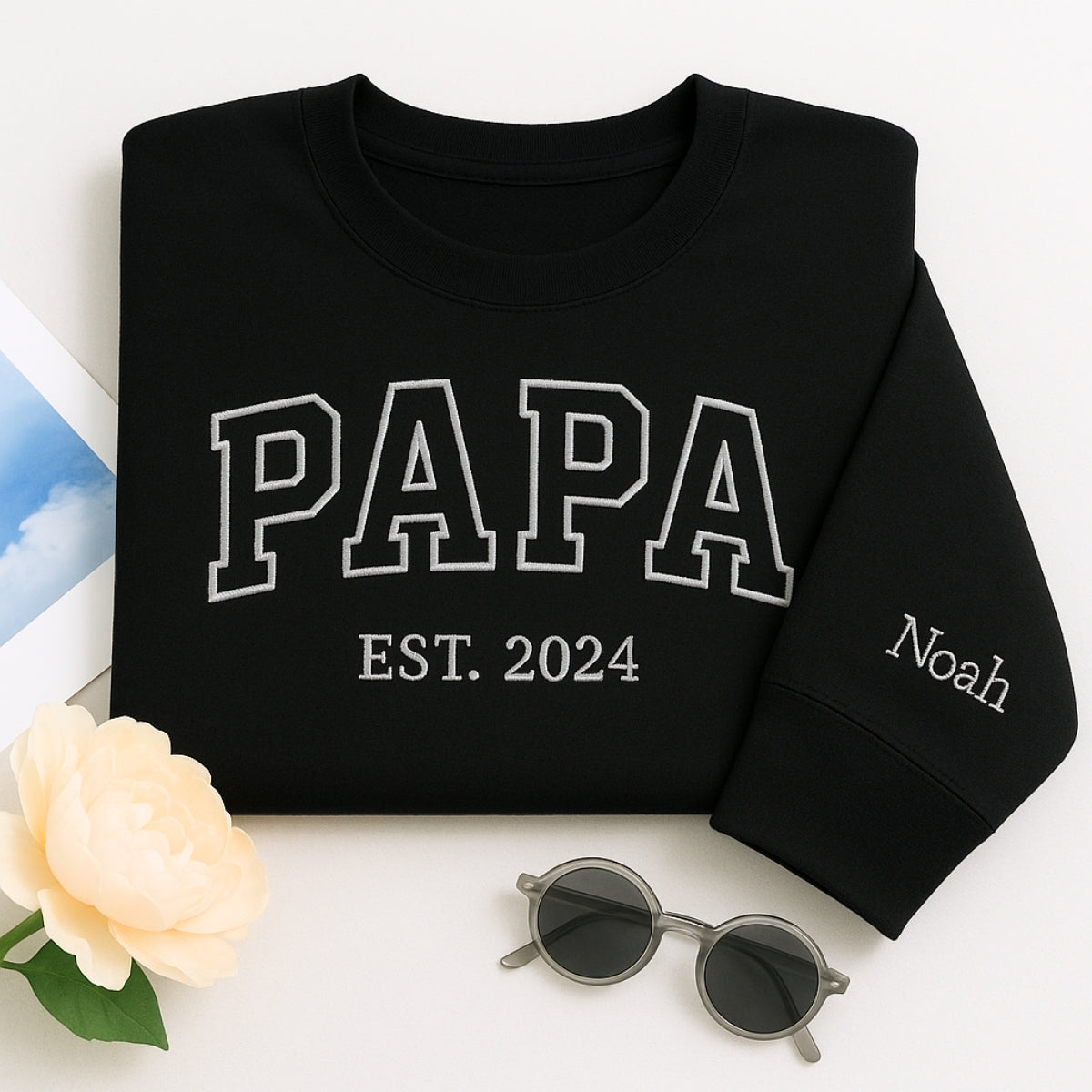 Varsity Papa EST. Custom Embroidered Hoodie - Personalized Father's Day Gift - Grandpa Apparel