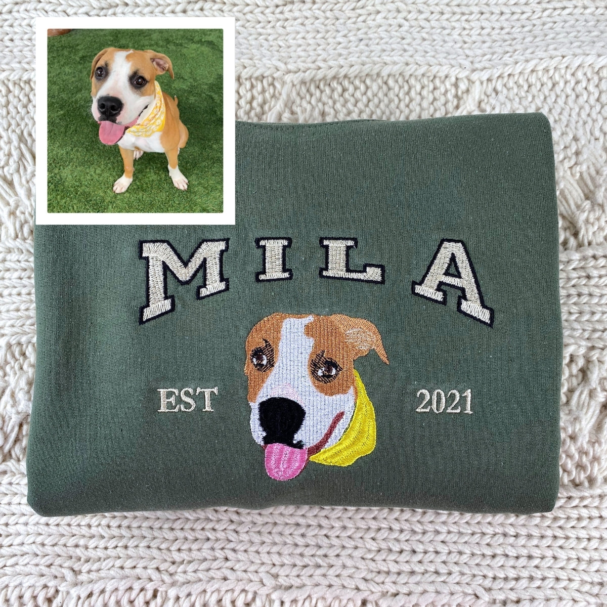 Custom Dog Portrait Embroidered Hoodie - College Style Pet Sweatshirt - Personalized Pet Parent Appa