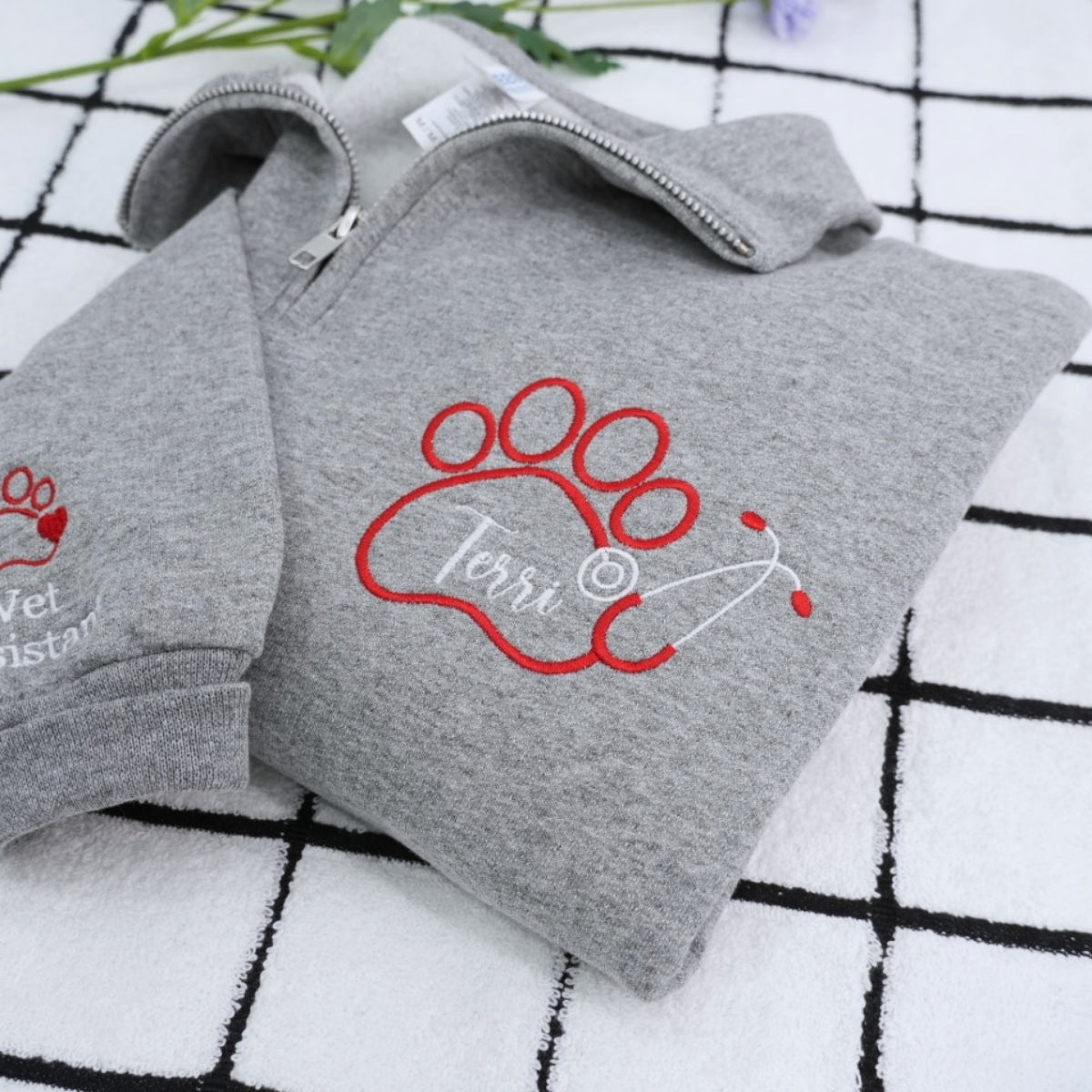 Vet Assistant Custom Embroidered Quarter Zip - Veterinary Sweatshirt - Personalized Veterinarian Gif