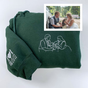 Wedding Photo Line Art Custom Embroidered Hoodie - Personalized Couple Anniversary Gift