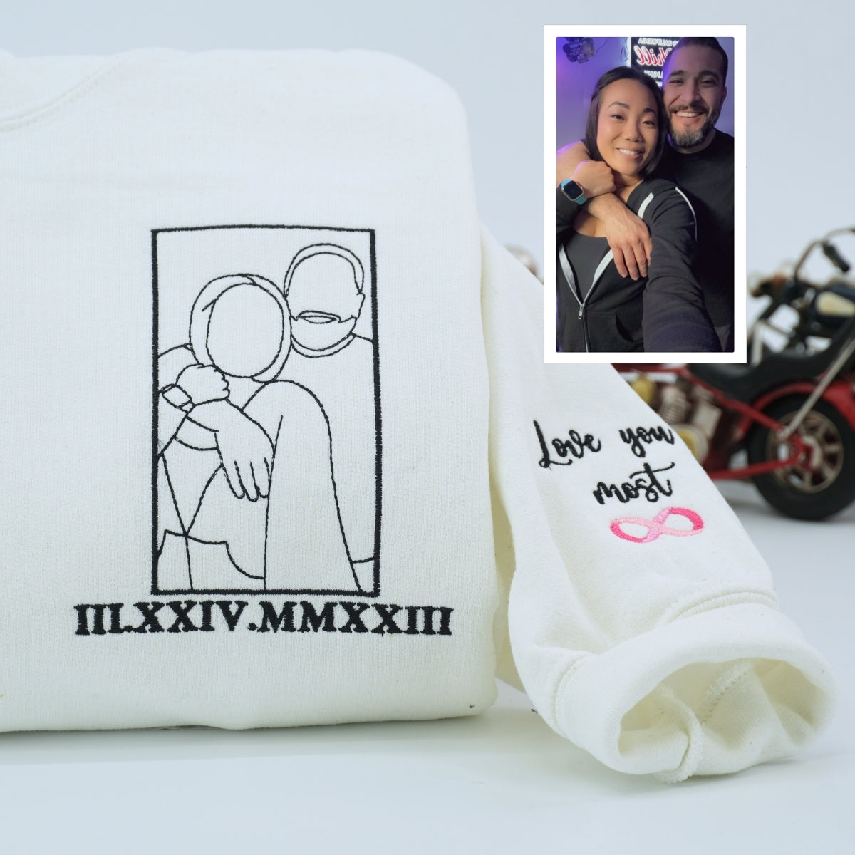 Wedding Photo Line Art Custom Embroidered Hoodie - Personalized Couple Anniversary Gift