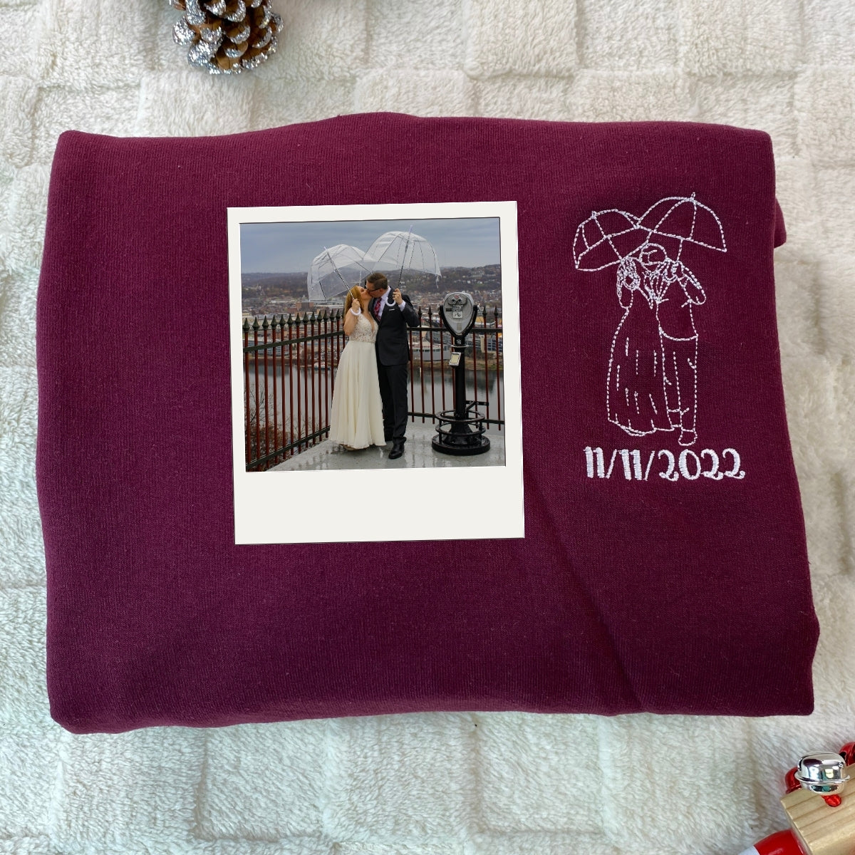 Wedding Photo Line Art Custom Embroidered Hoodie - Personalized Couple Anniversary Gift