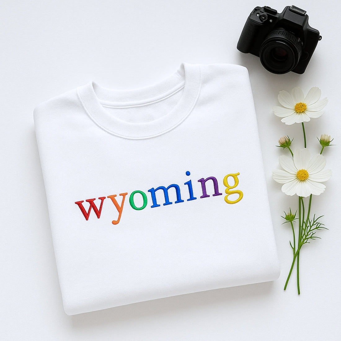 Custom Wyoming State Sweatshirt - Rainbow Embroidered Letters - Cowboy State Pride Gift