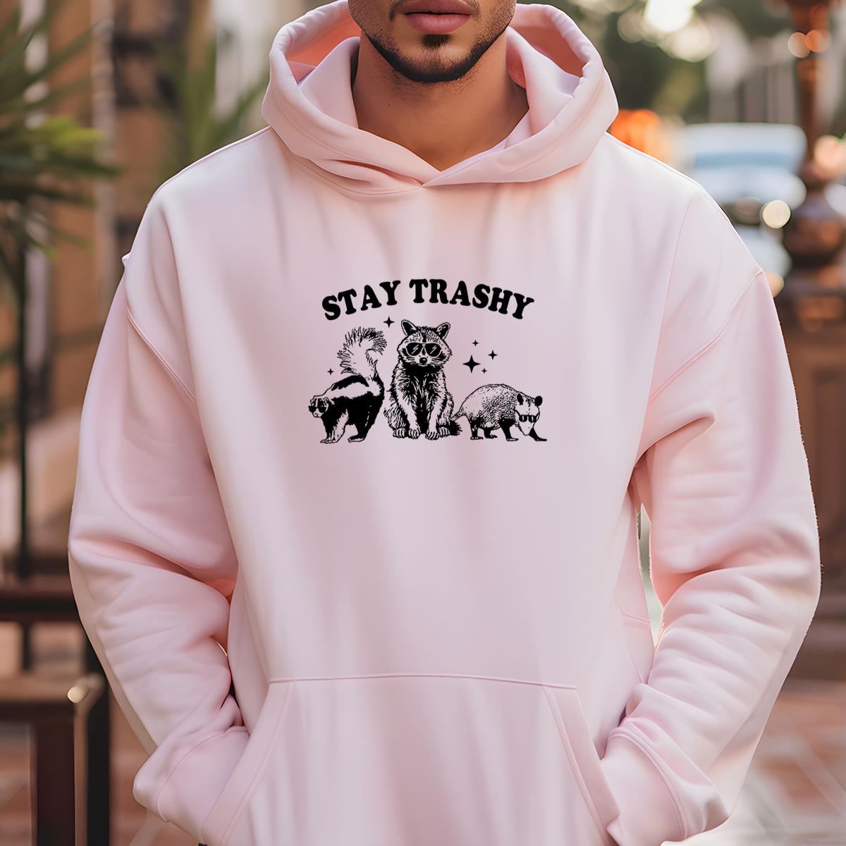 Stay Trashy Cute Raccoon Funny Opossum Skunk Animal Lover Vintage Retro Graphic Unisex T-Shirt 