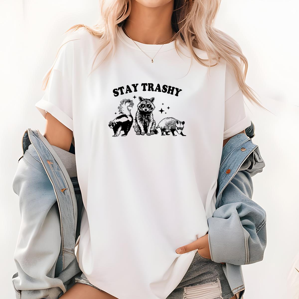 Stay Trashy Cute Raccoon Funny Opossum Skunk Animal Lover Vintage Retro Graphic Unisex T-Shirt 